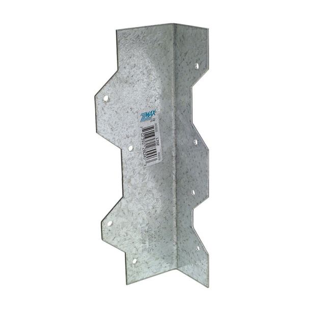The Simpson 7 in. 16 Ga. ZMAX Galvanized Reinforcing L Angle by Simpson Strong-Tie is a galvanized connector bracket with multiple pre-drilled holes, a barcode sticker, angled edges, and a textured finish—ideal for structural use and reinforcing L angles in construction projects.